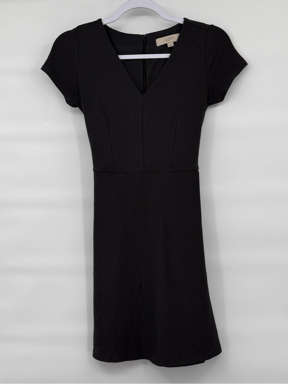 Loft striped black gray v neck faux wrap dress